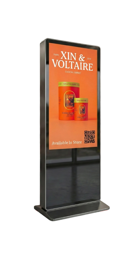 Freestanding in-store digital screen running a brand campaign