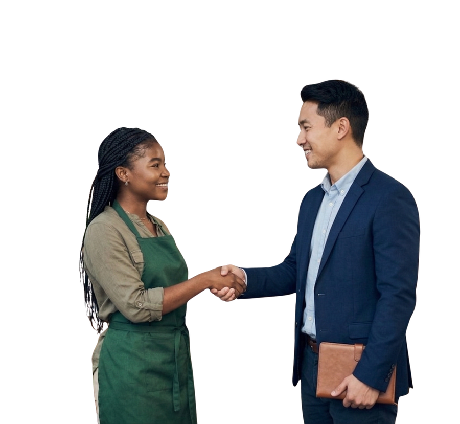 Brand representative and store owner shaking hands on a deal